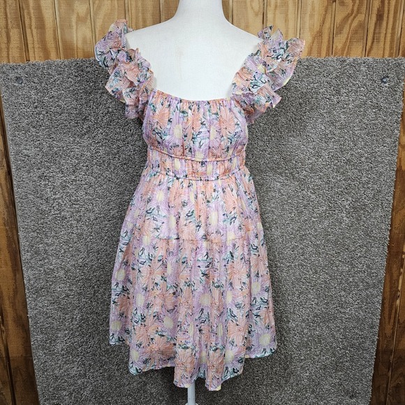 NWT Entro Mini Dress Womens L Floral Ruffle Sleeve Pink Orange Pastel - Picture 4 of 9